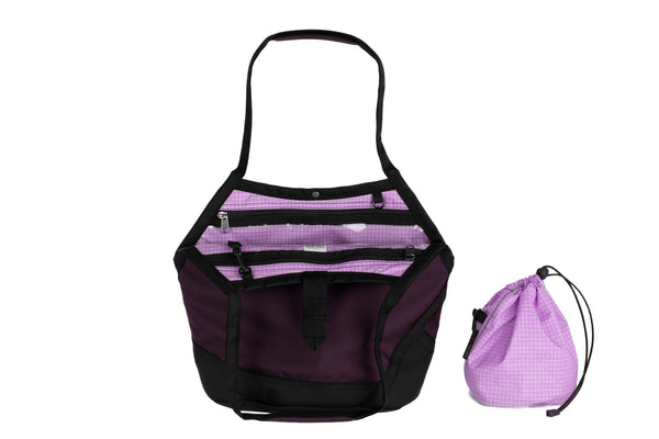 A Swift in Aubergine Ballistic with Wisteria (light purple with white grid) 200 Halcyon interior and Yarn Stuff Sack.